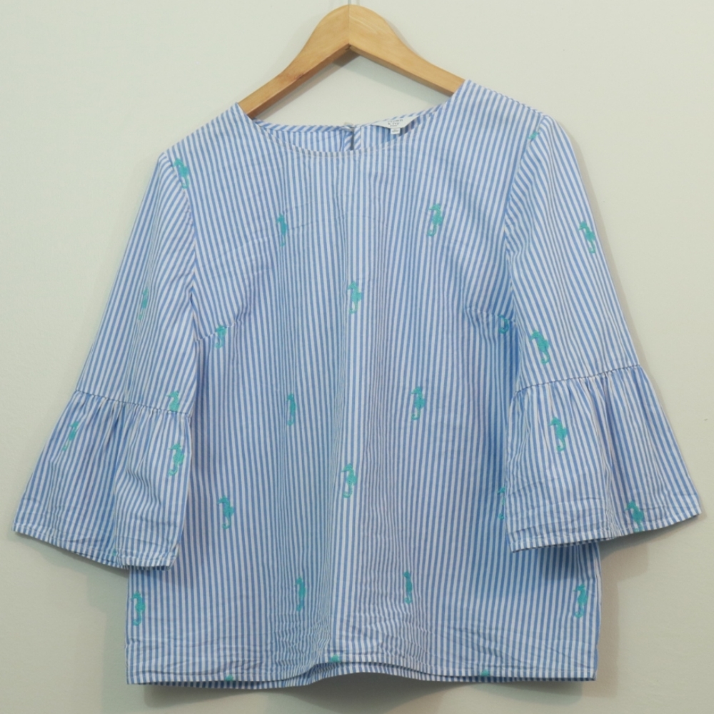 Crown & Ivy Cotton Striped Seahorse Embroidered Top - Picture 1 of 9